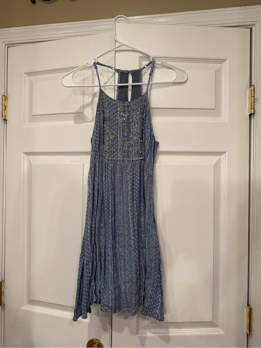 Blue Embroidered Halter Summer Dress